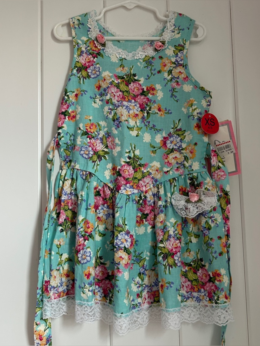 90s vintage girls dress XS 4 to 5 blue floral lace Ames Evy made in USA cotton